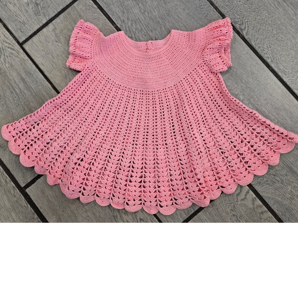 Handmade Crochet Baby Dress Pink Knit Scalloped Hem Short Sleeve Vintage Style